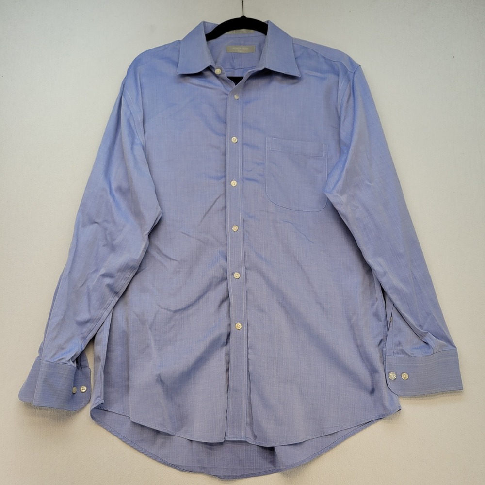 Nordstrom Dress Shirt Mens 16.5/32-33 Blue Trim Fit Smartcare Herringbone Cotton